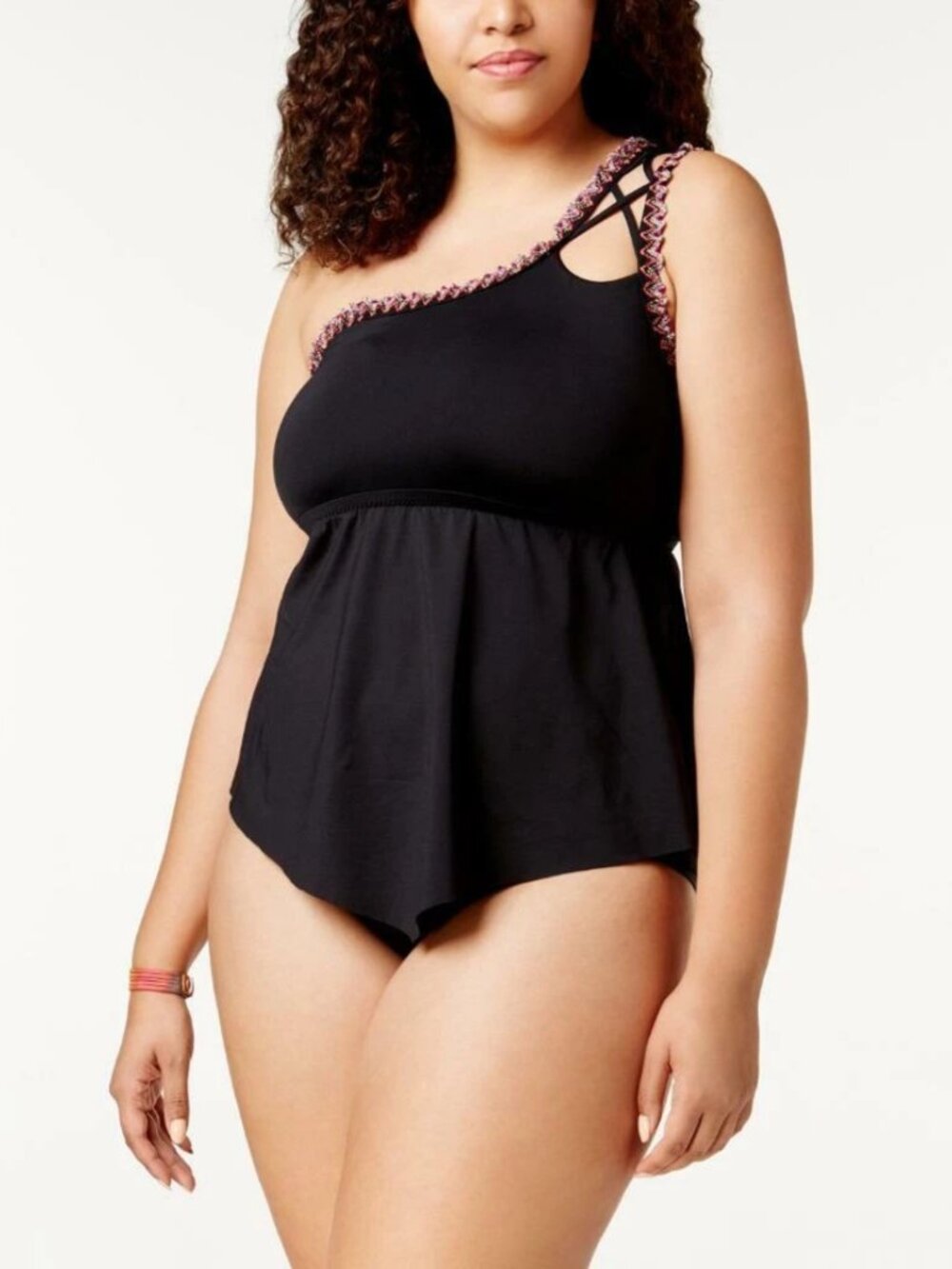 BECCA Mardi Gras One-Shoulder Tankini Swimsuit Black Bathingsuit 1X 16-18 NWT